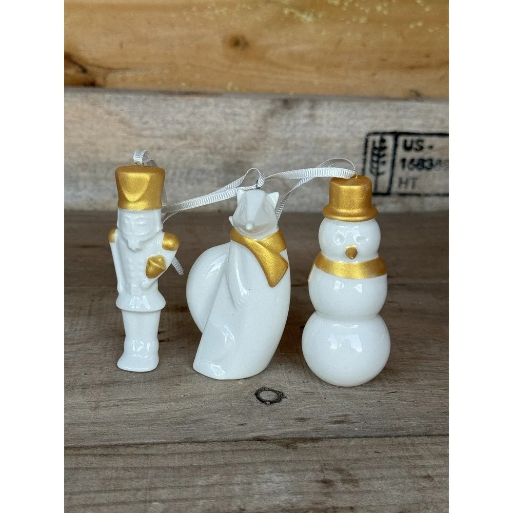Vintage STARBUCKS Christmas Tree Ornaments Set Fox,Snowman, Nutcracker Porcelain